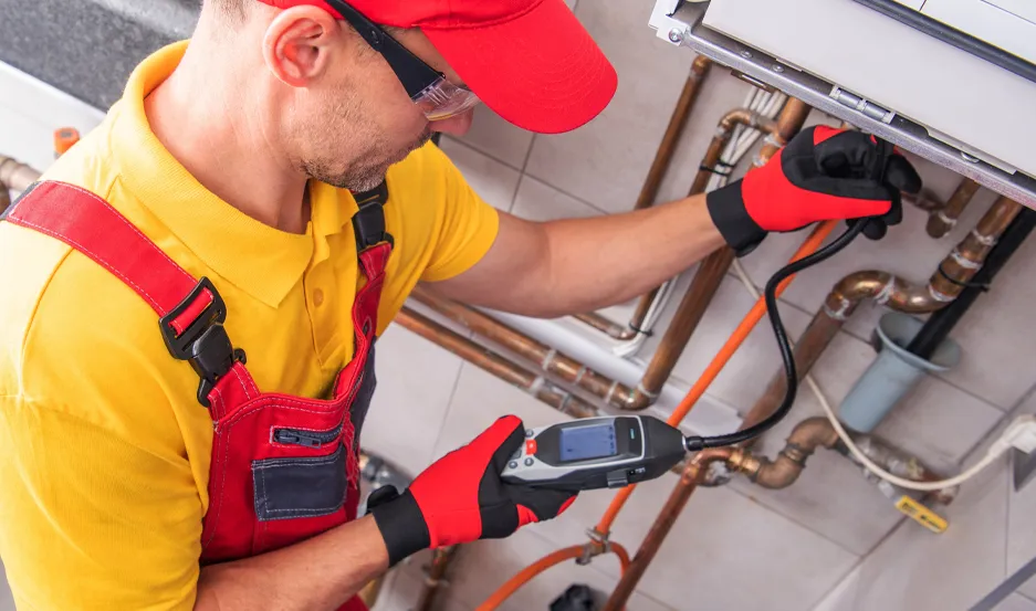 Technician using acoustic leak detection equipment on a home water line